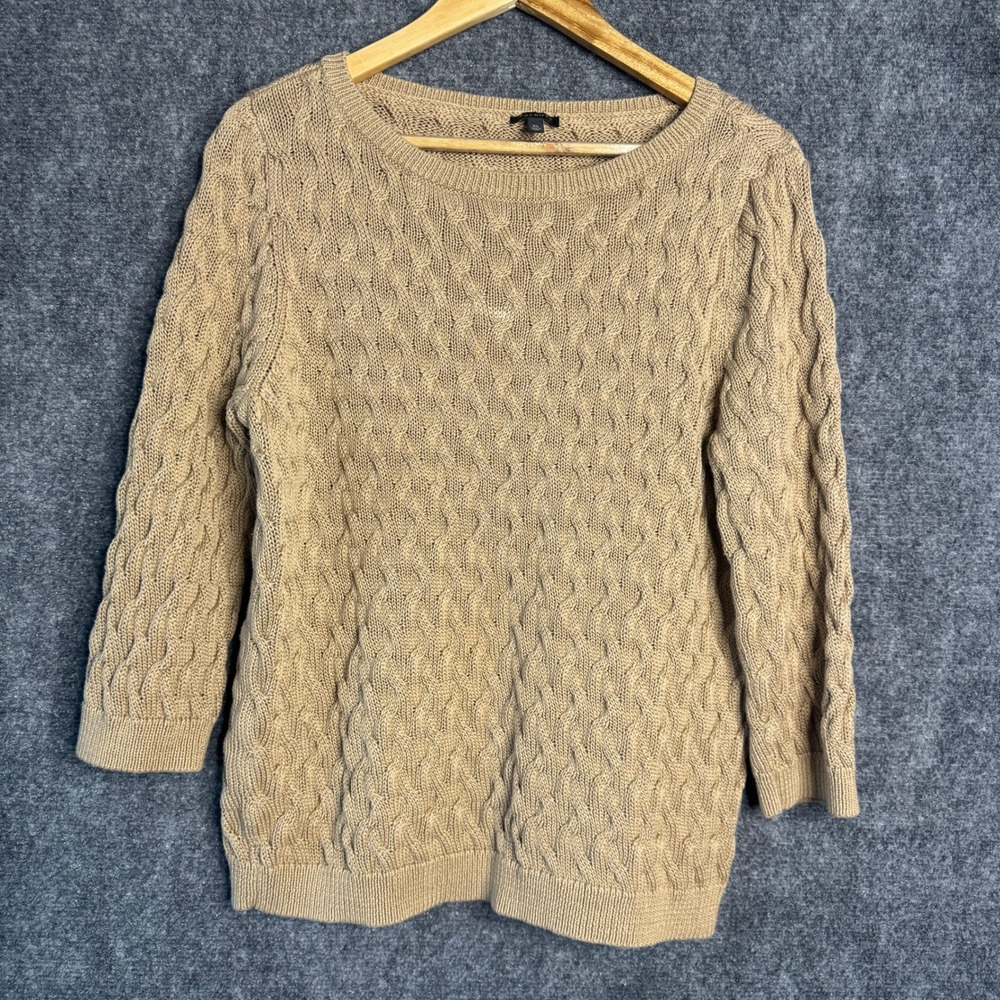 Talbots Sweater Women XL Tan Cable Knit Crew Neck 3/4 Sleeve Classic Casual Work